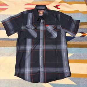 Dixxon Flannel Co Ember Bamboo Short Sleeve Plaid Shirt Black Red Mens Small